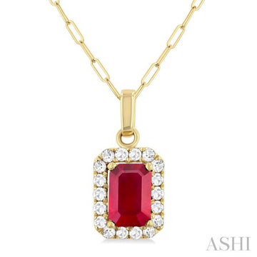 6x4 MM Octagonal Shape Ruby and 1/6 Ctw Round Cut Diamond Halo Precious Pendant with Chain in 10K Yellow Gold
